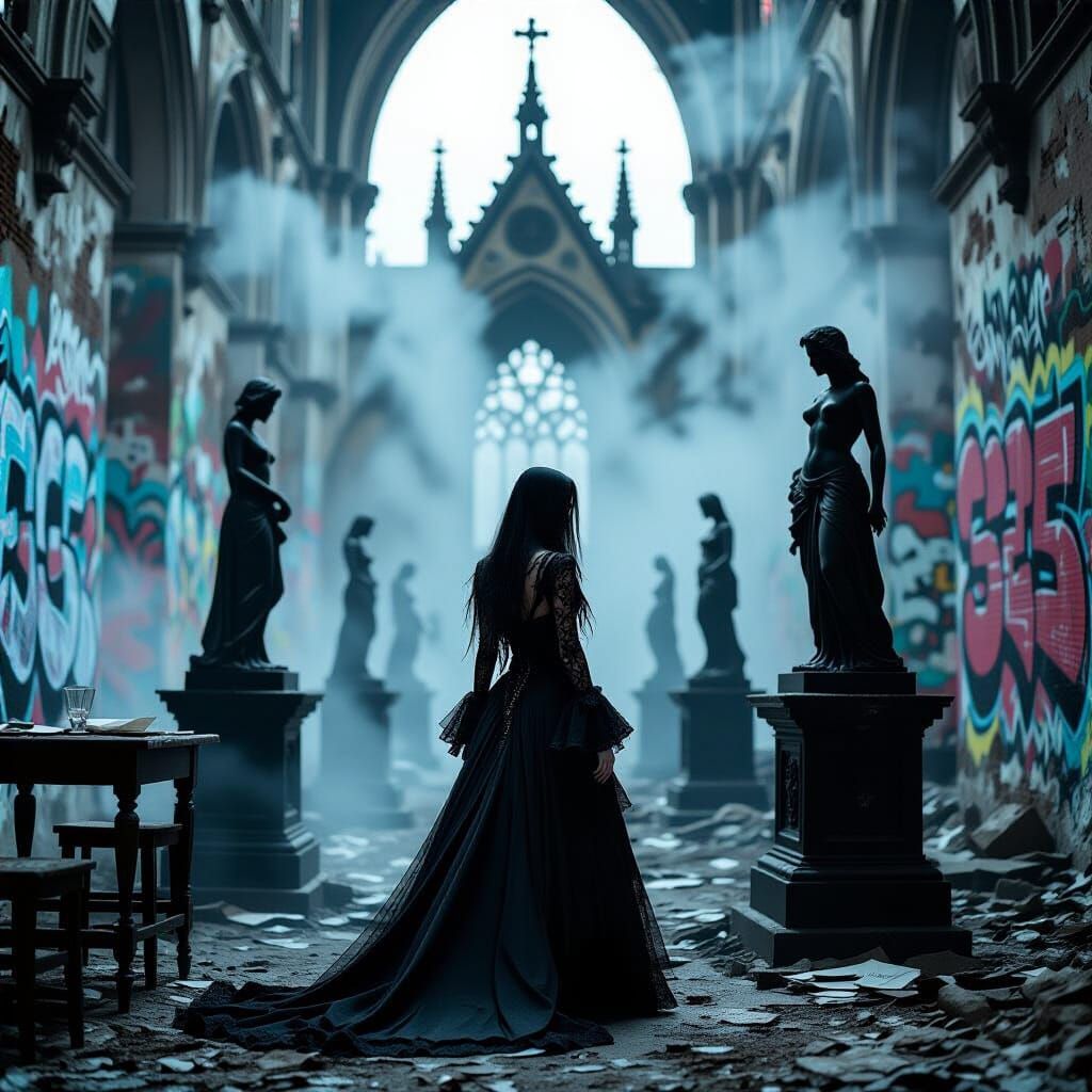 Goth Model in Cathedral Ruins: Black and White Art