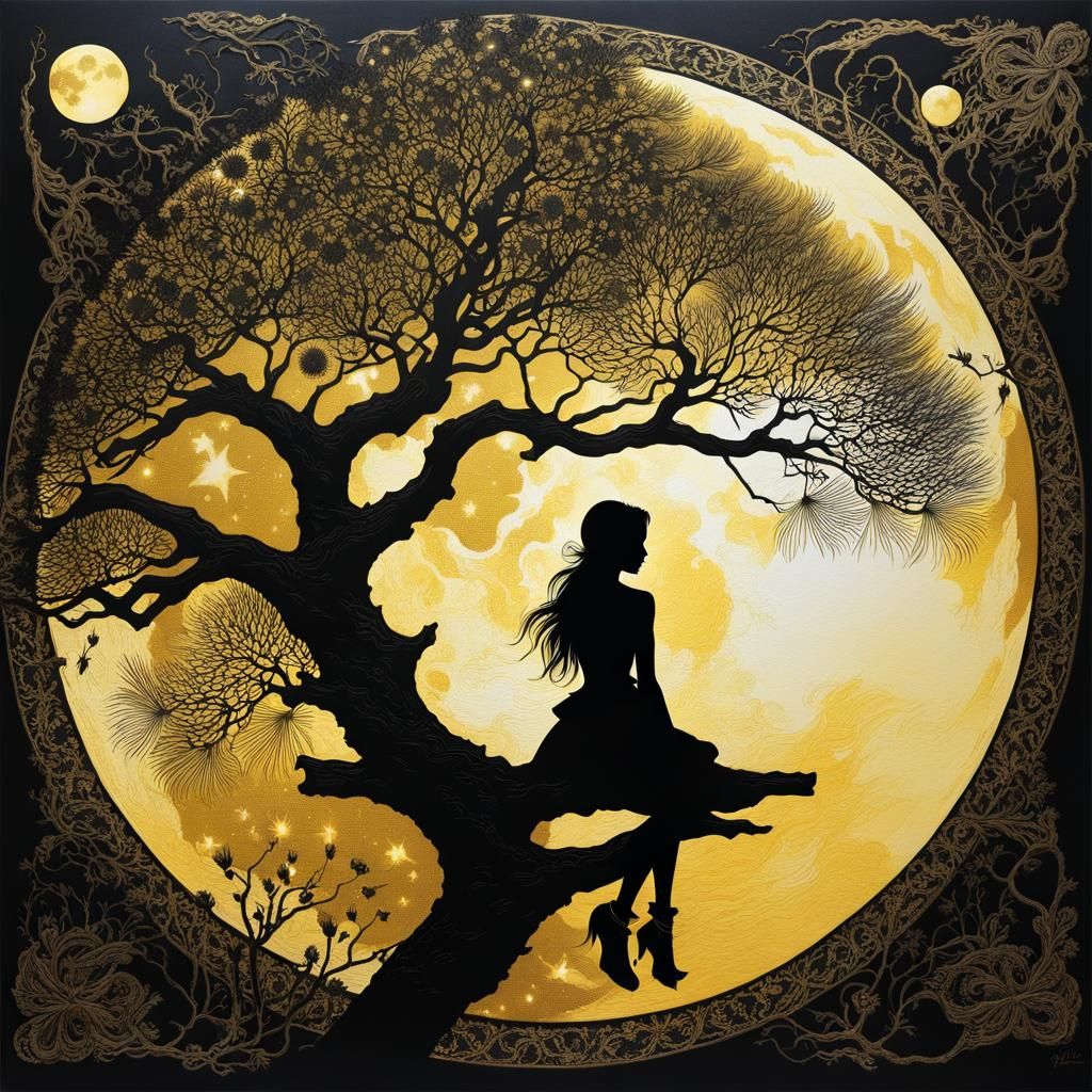 Golden Moonlit Silhouette in Dark Fantasy Lace Art