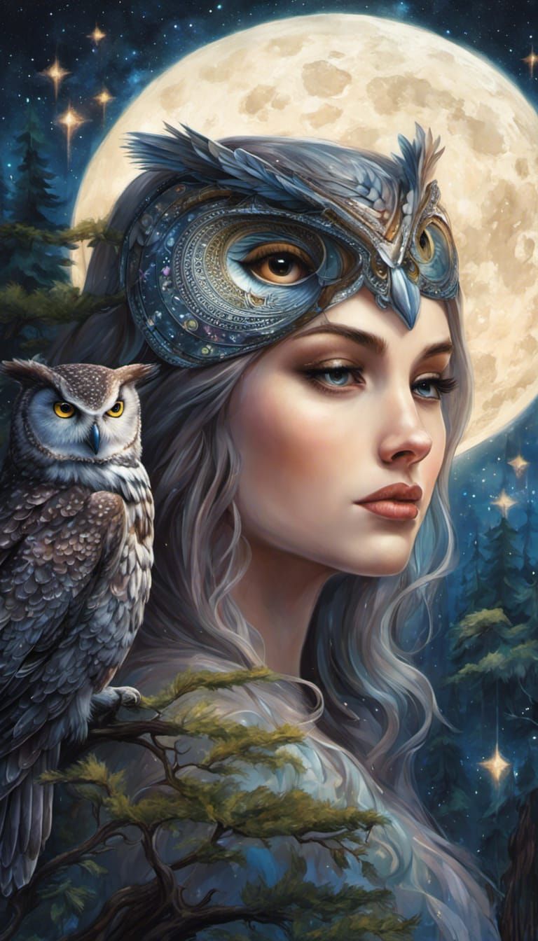 Ethereal Owl-Girl Portrait Under a Crescent Moon