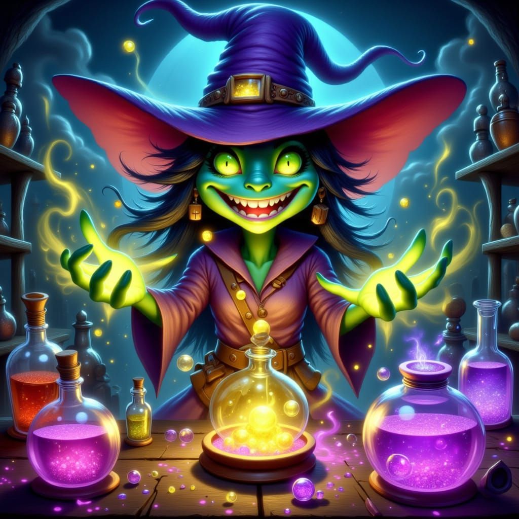 Whimsical Witch Grins Casting Spells into Potions