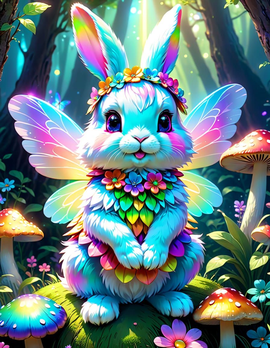 Kawaii Rainbow Rabbit Fairy on Mushroom