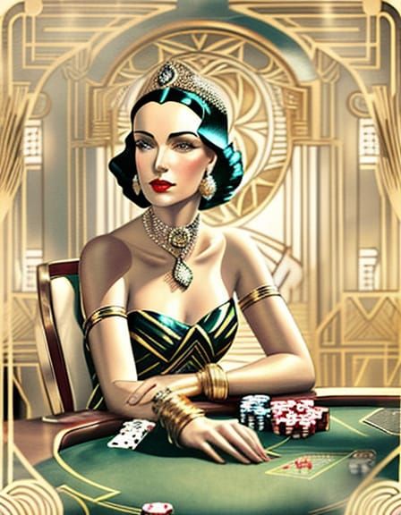 Hollywood Glamour: Woman at Poker Table in Art Deco Style