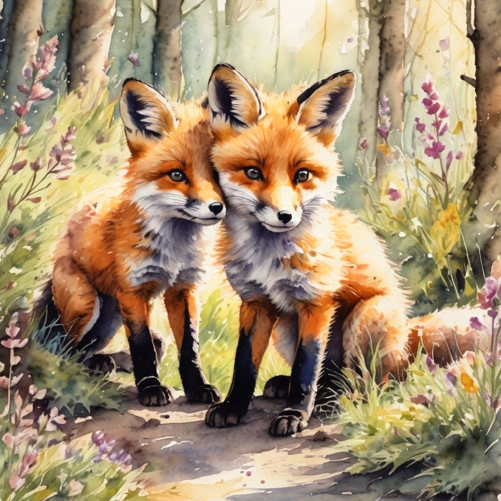 Fox Cubs Playing in Sunny Glade Watercolor