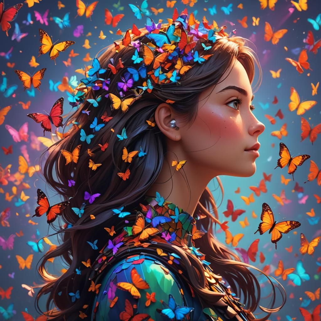 Woman with Butterfly Hair: 3D Digital Art
