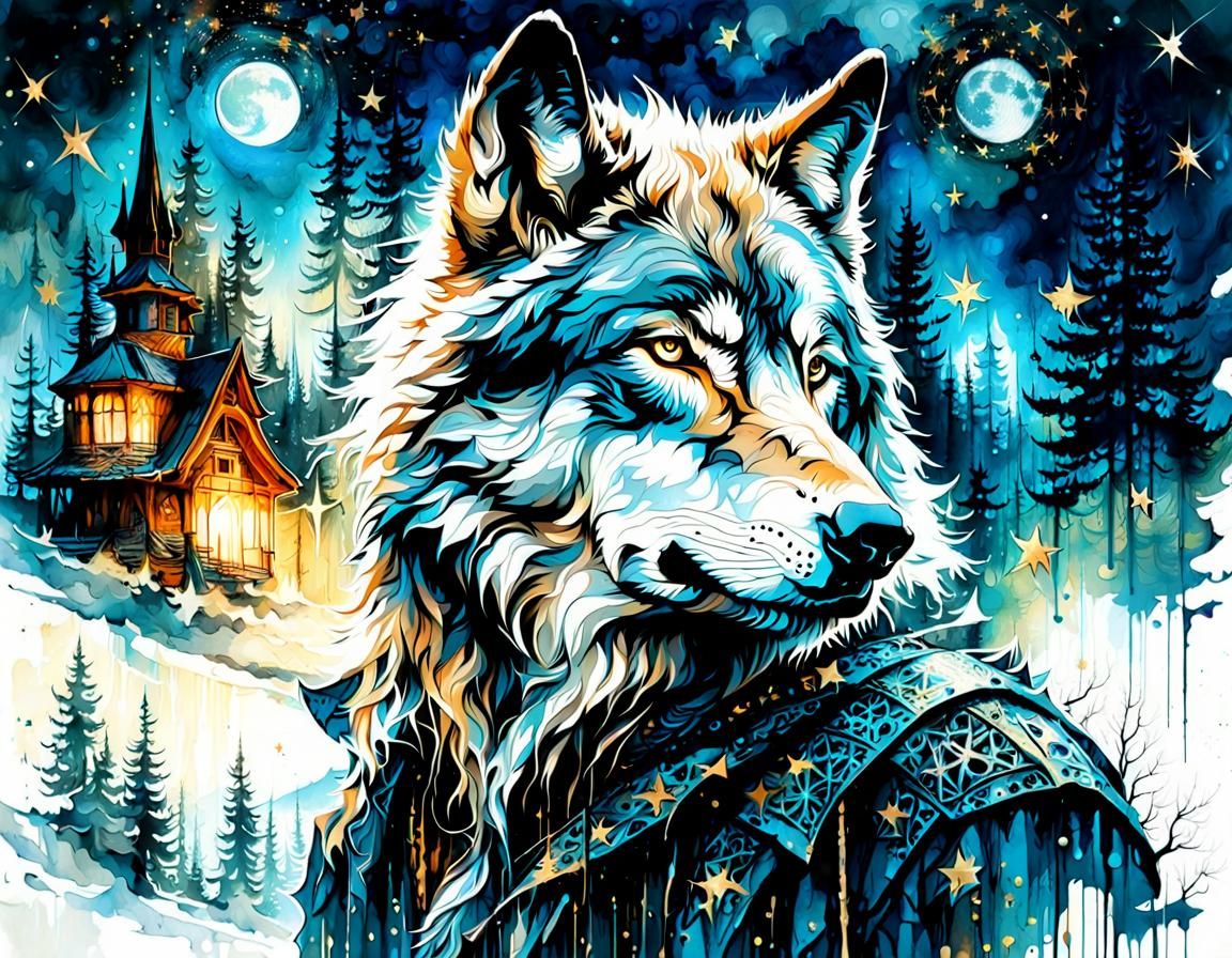 Wolf Portrait with Starry Night in Watercolor Style