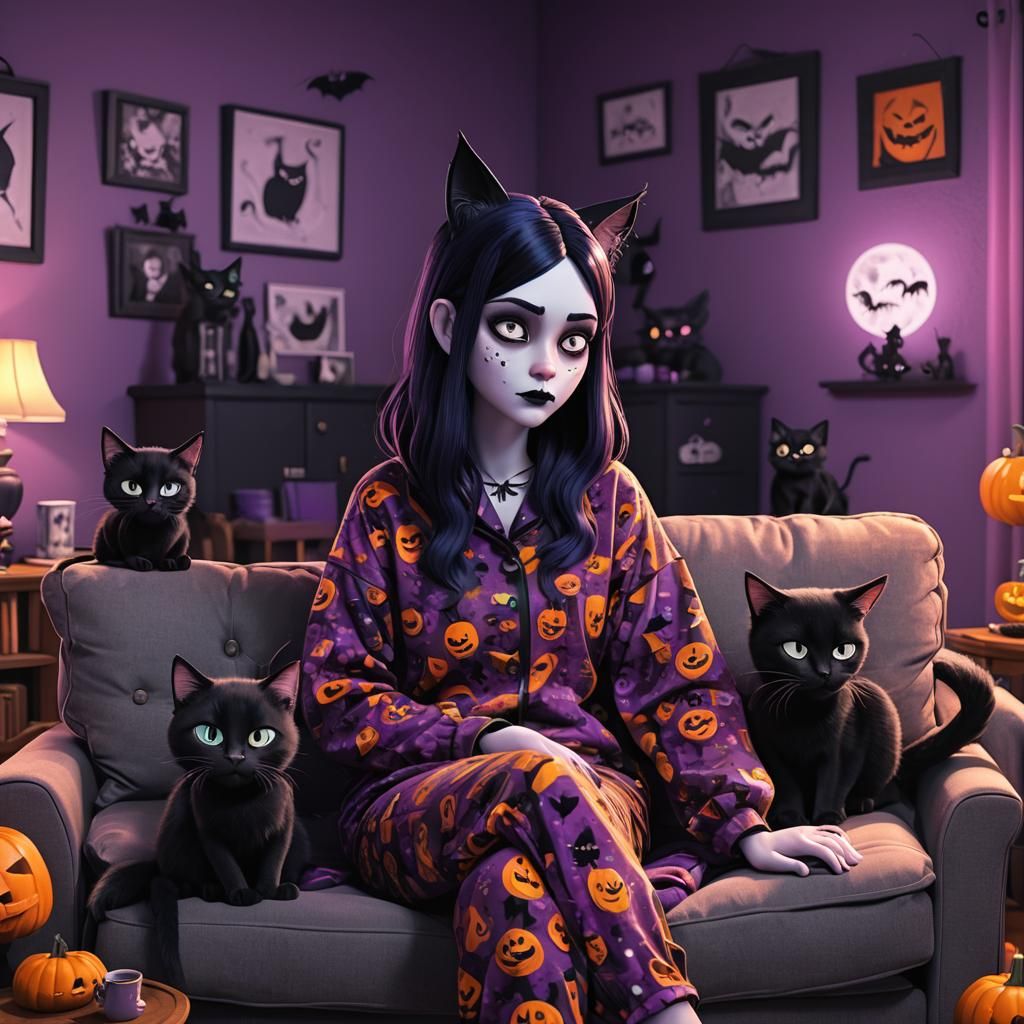 Goth Girl's Halloween Movie Night: 3D Digital Art