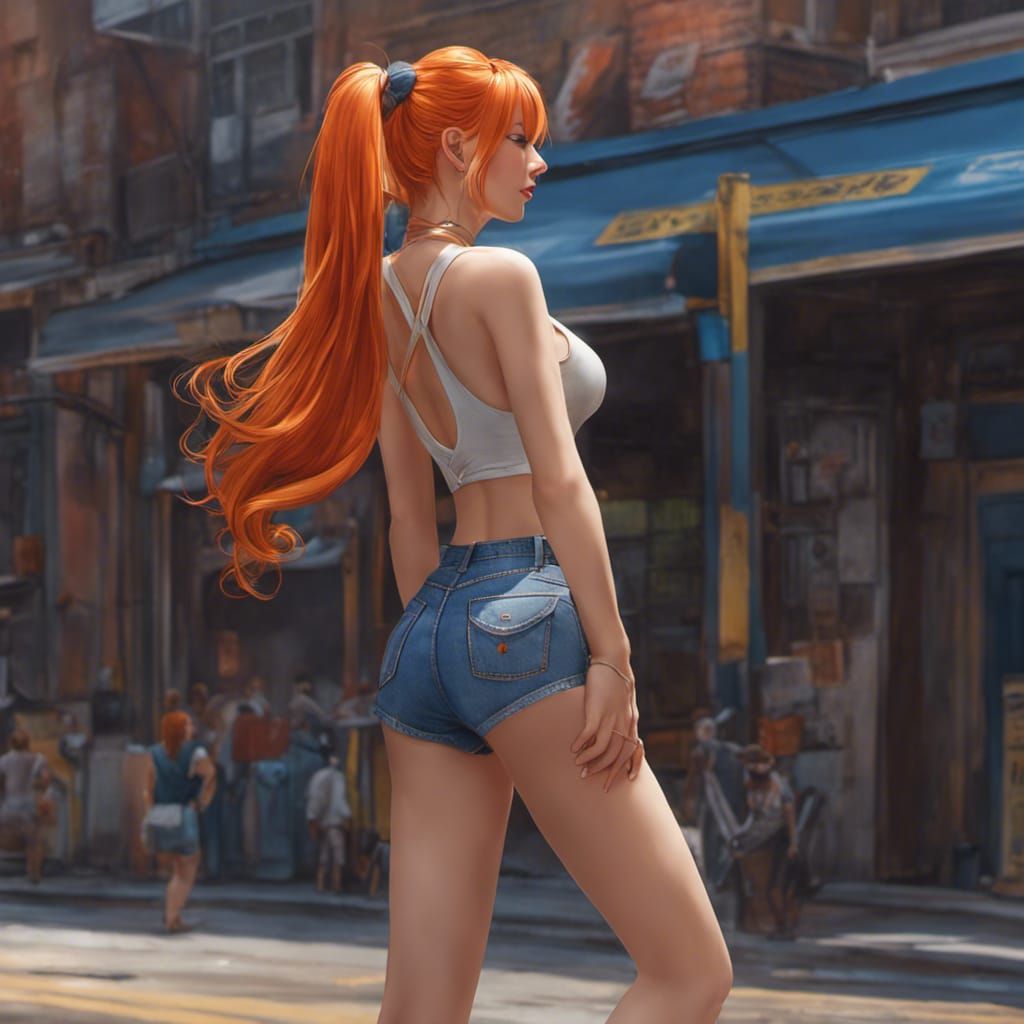 Photorealistic Woman with Orange Hair in Dark Street