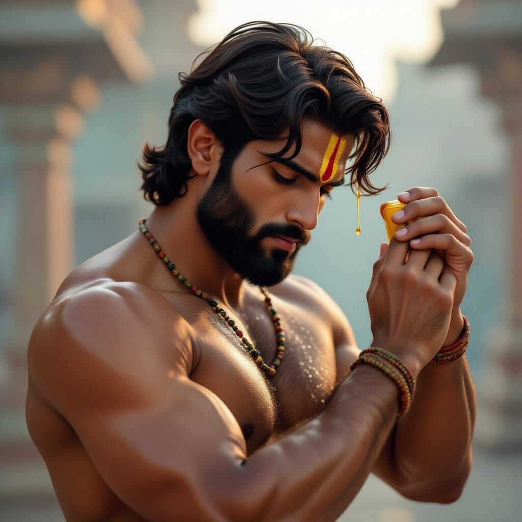 Hindu God Kartikeya Sensually Anointed in Hyperrealistic Art