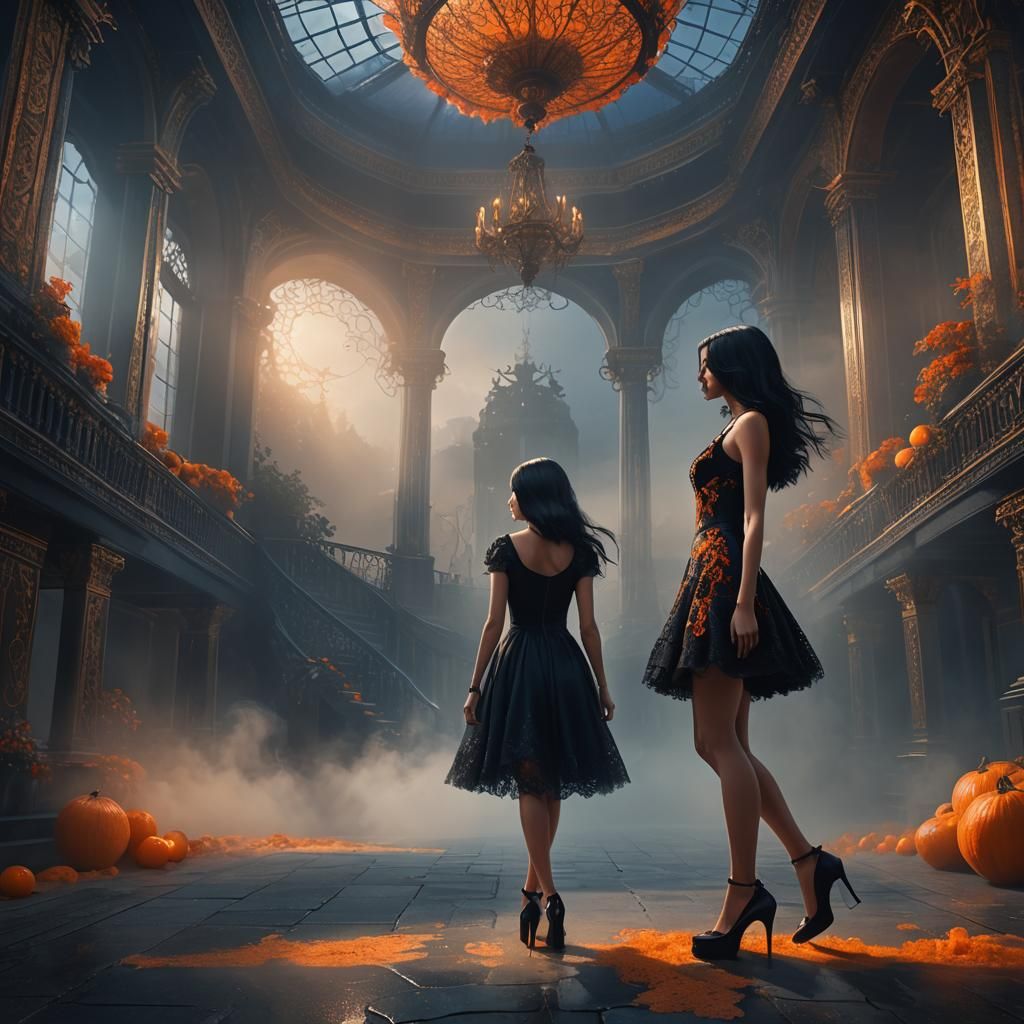 Girl in Black Dress with Ornate Fantasy Lighting