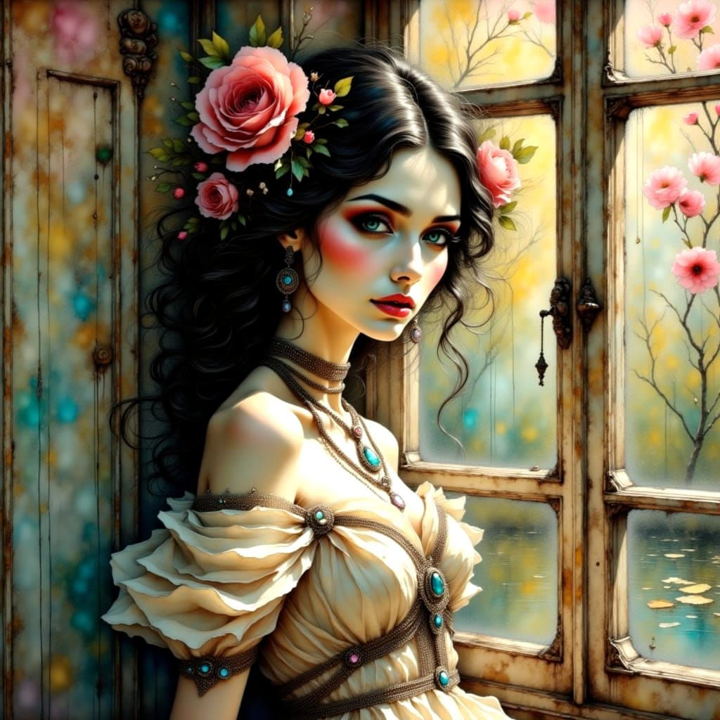 Elegant Lady in a Whimsical Garden Scene