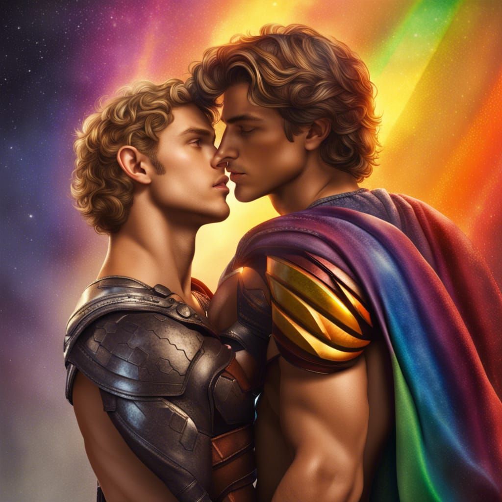 Renaissance Superhero Kiss with Rainbow Powers