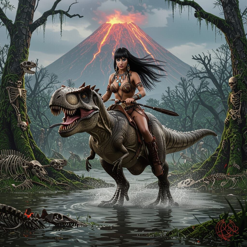 Native Warrior Woman Rides T-Rex Through Volcanic Swamp