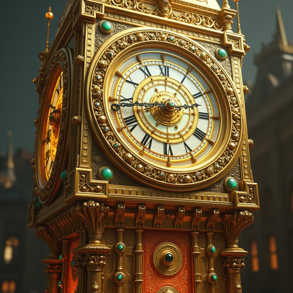 Steampunk Golden Big Ben Timepiece with Emeralds
