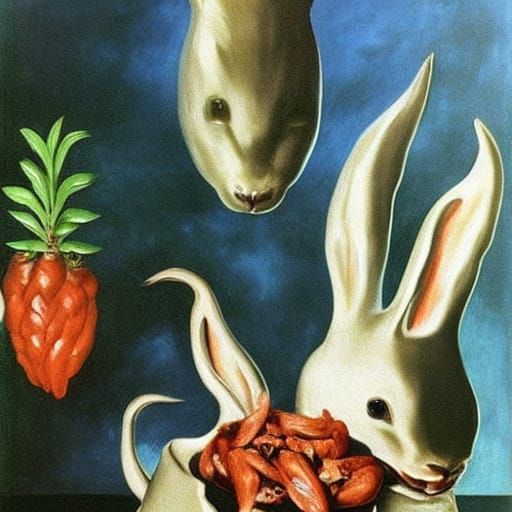 Surreal Alien Rabbit Market, Magritte and El Greco Style