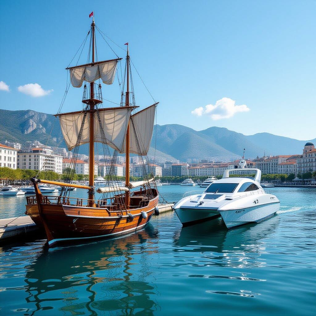 Wooden Sailing Ship Meets Futuristic Hydrofoil in Harbor