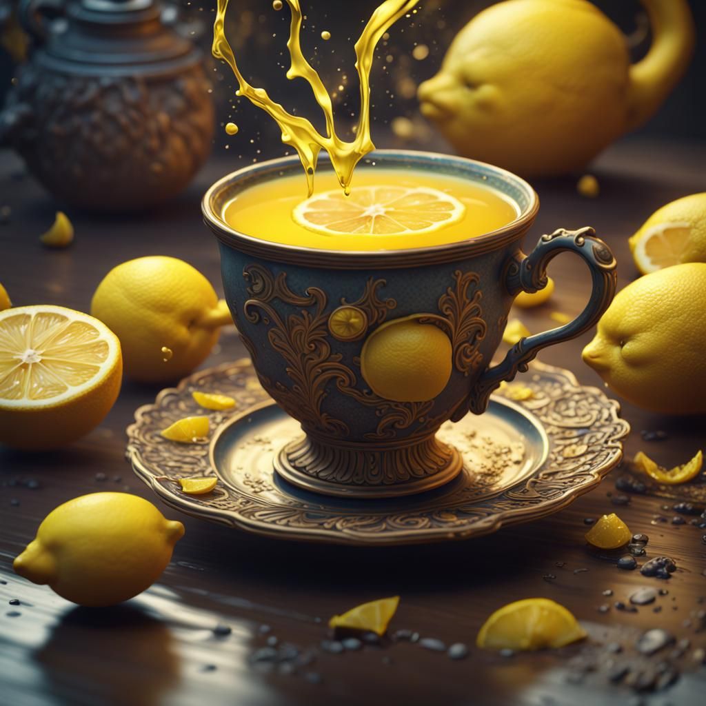 Lemons Rushing to Tea Cup: Detailed Digital Art