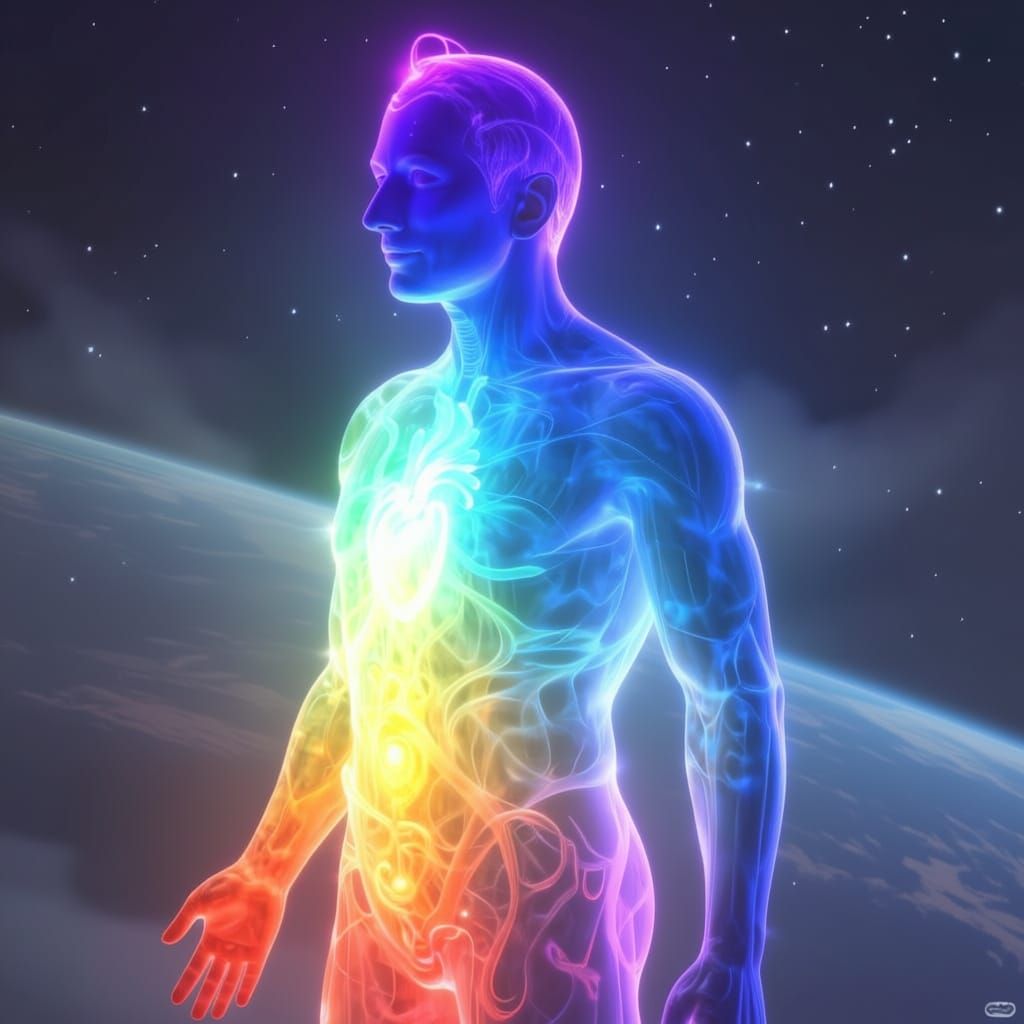 Glowing Human Chakras Uniting into White Light