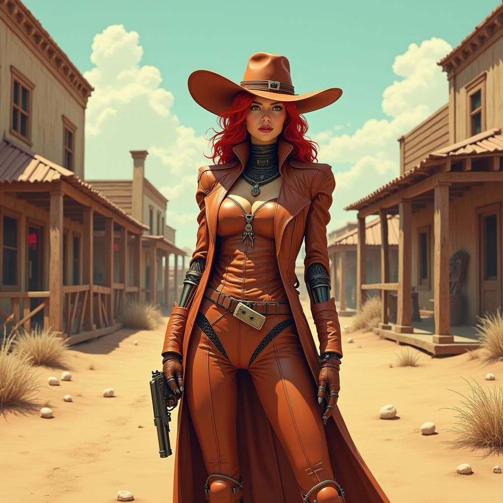 Redhead Robot Woman in Western Town, Futuristic Style