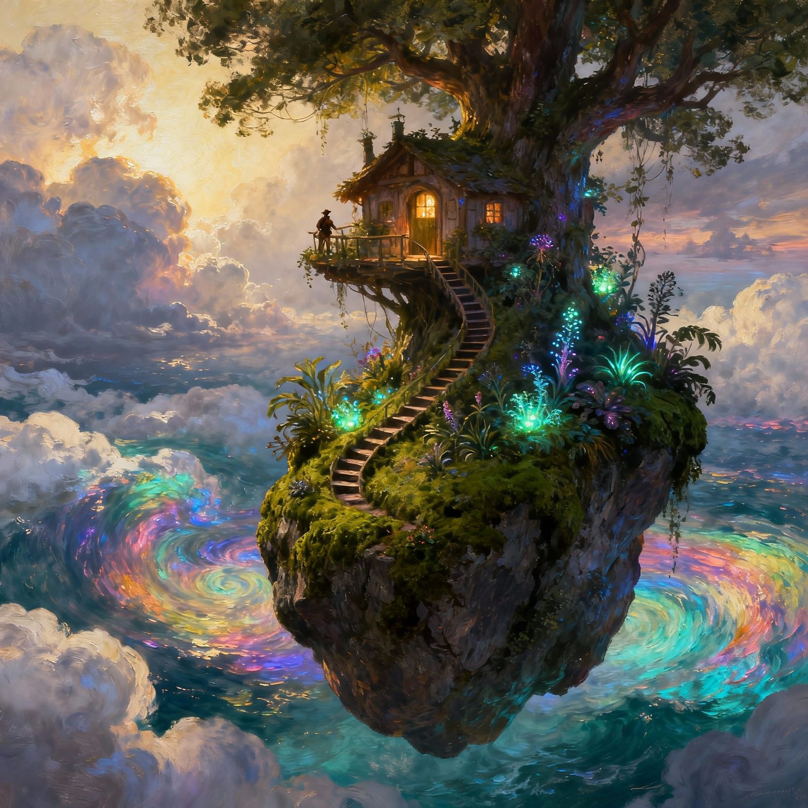 Fantasy Tree House Floating Above Clouds in Oil Painting Sty...