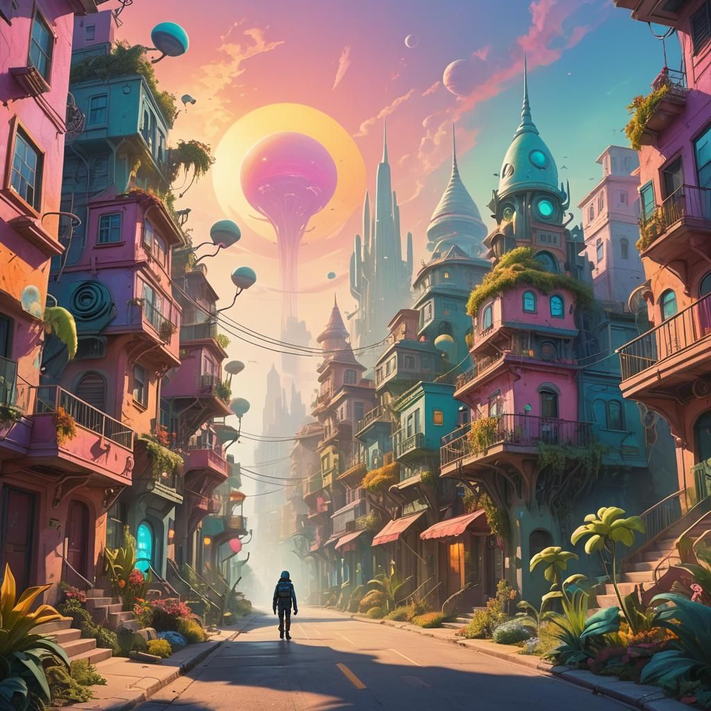 Alien Town Exploration in Surreal Pastel Concept Art