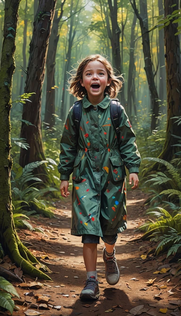 Hyperrealistic Little Girl in Forest, Detailed Art