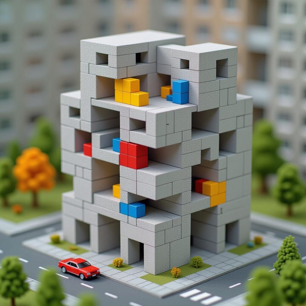 Monolithic Miniature Tetris Architecture in Brutalist Style