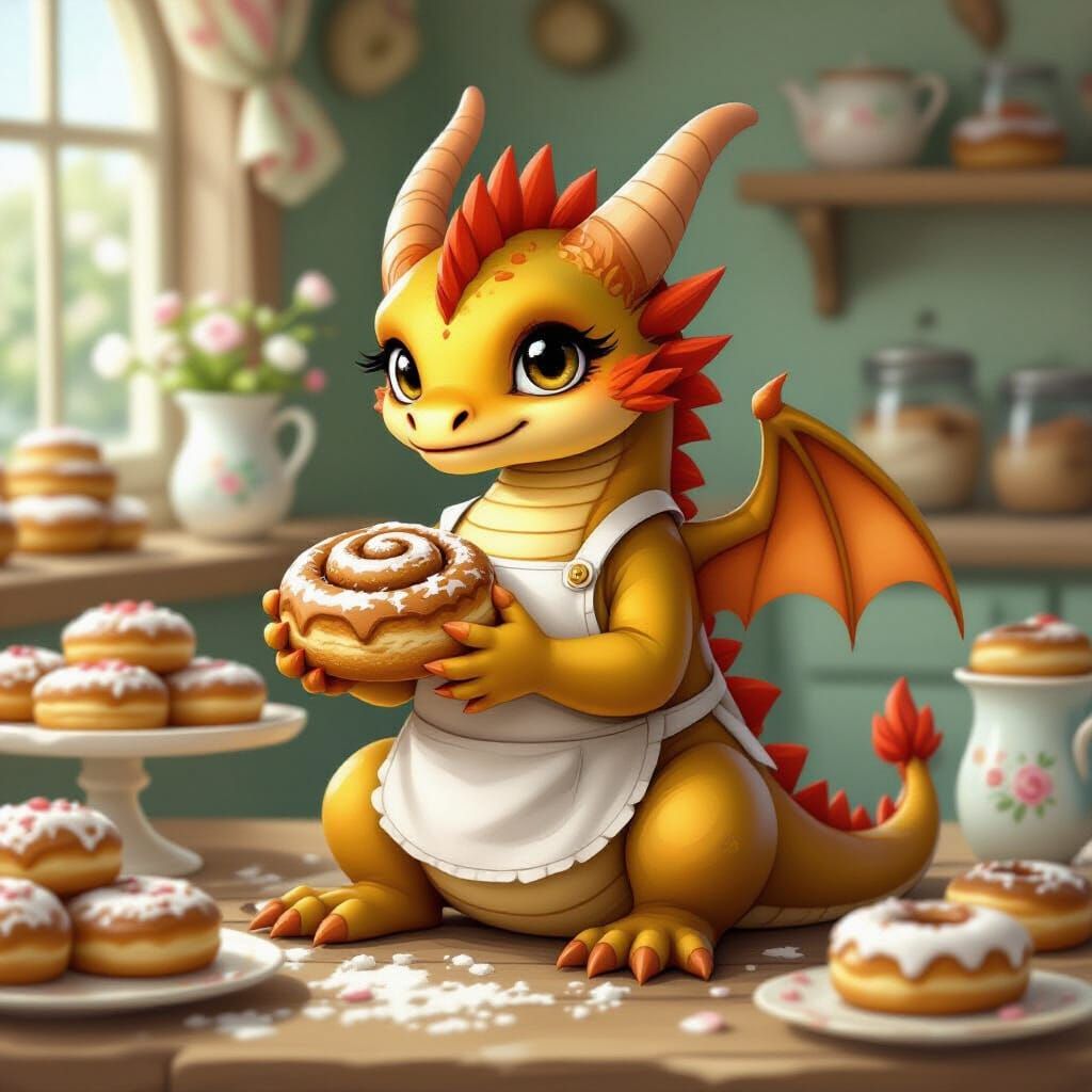 Golden Dragon Wyrmling Baker with Cinnamon Roll