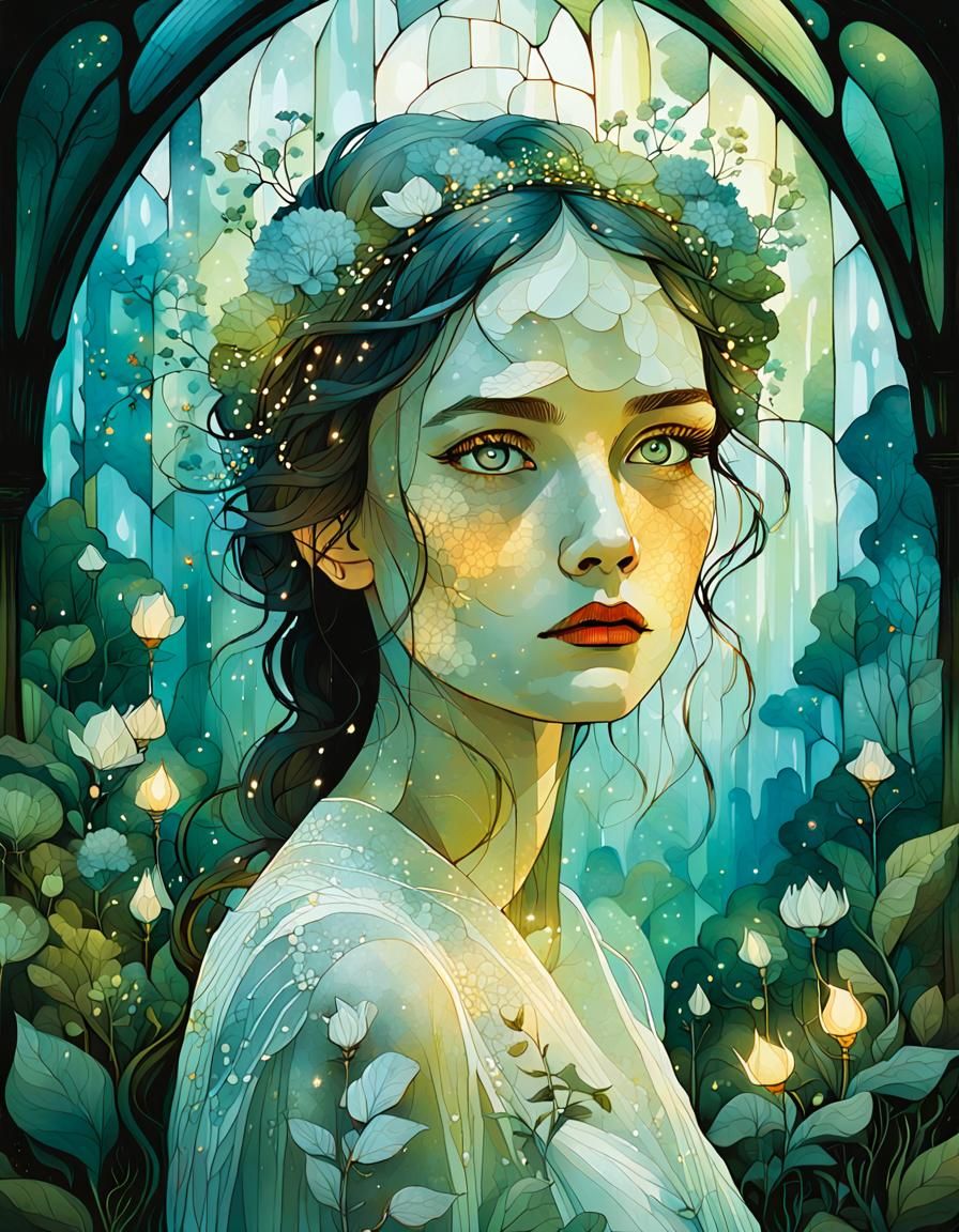 Botanical Bride Portrait in Mist with Fairy Lights