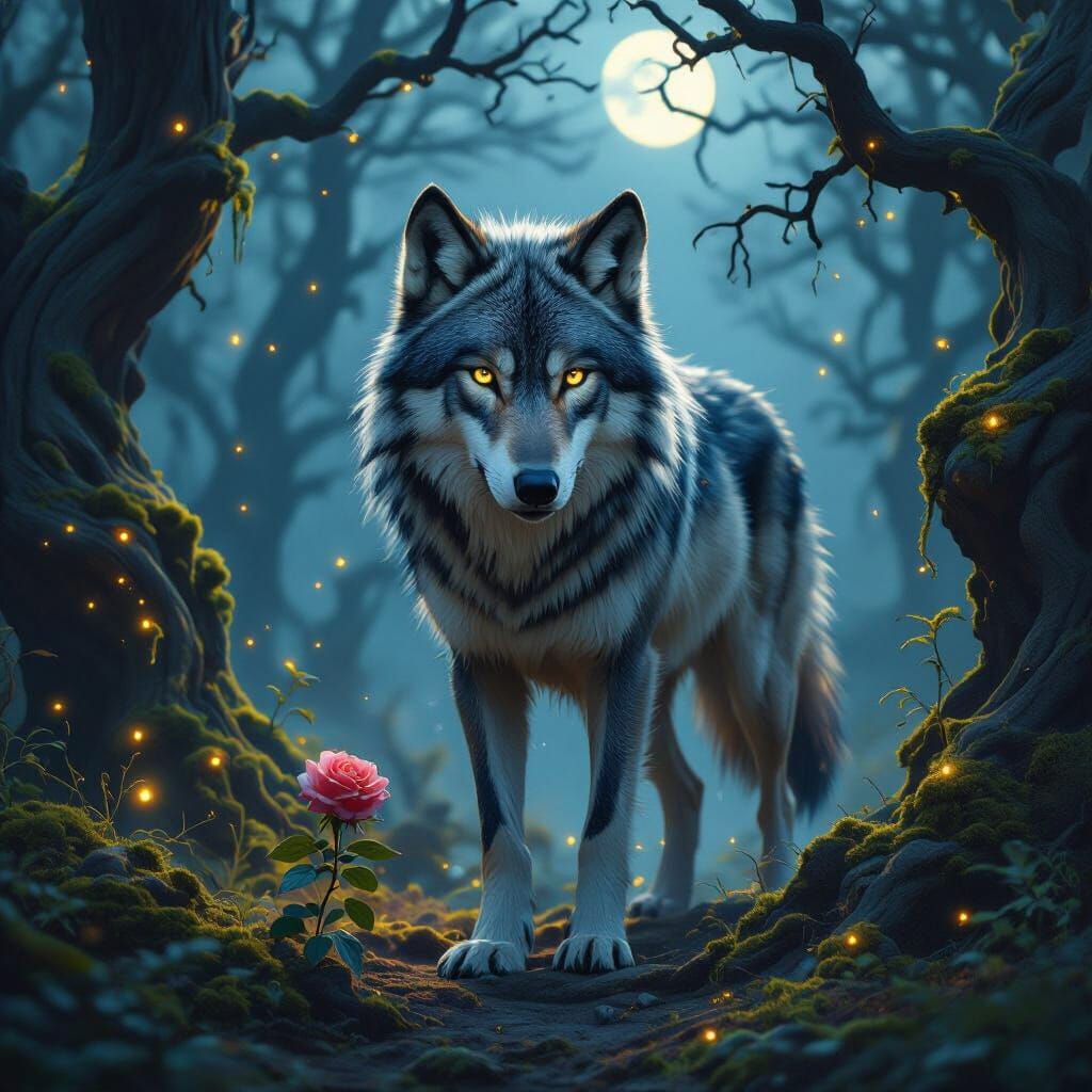 Moonlit Wolf in Ancient Forest: Matte Painting