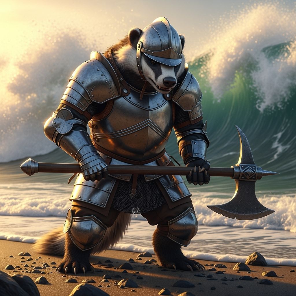 Anthropomorphic Badger Warrior with Battleaxe on Beach