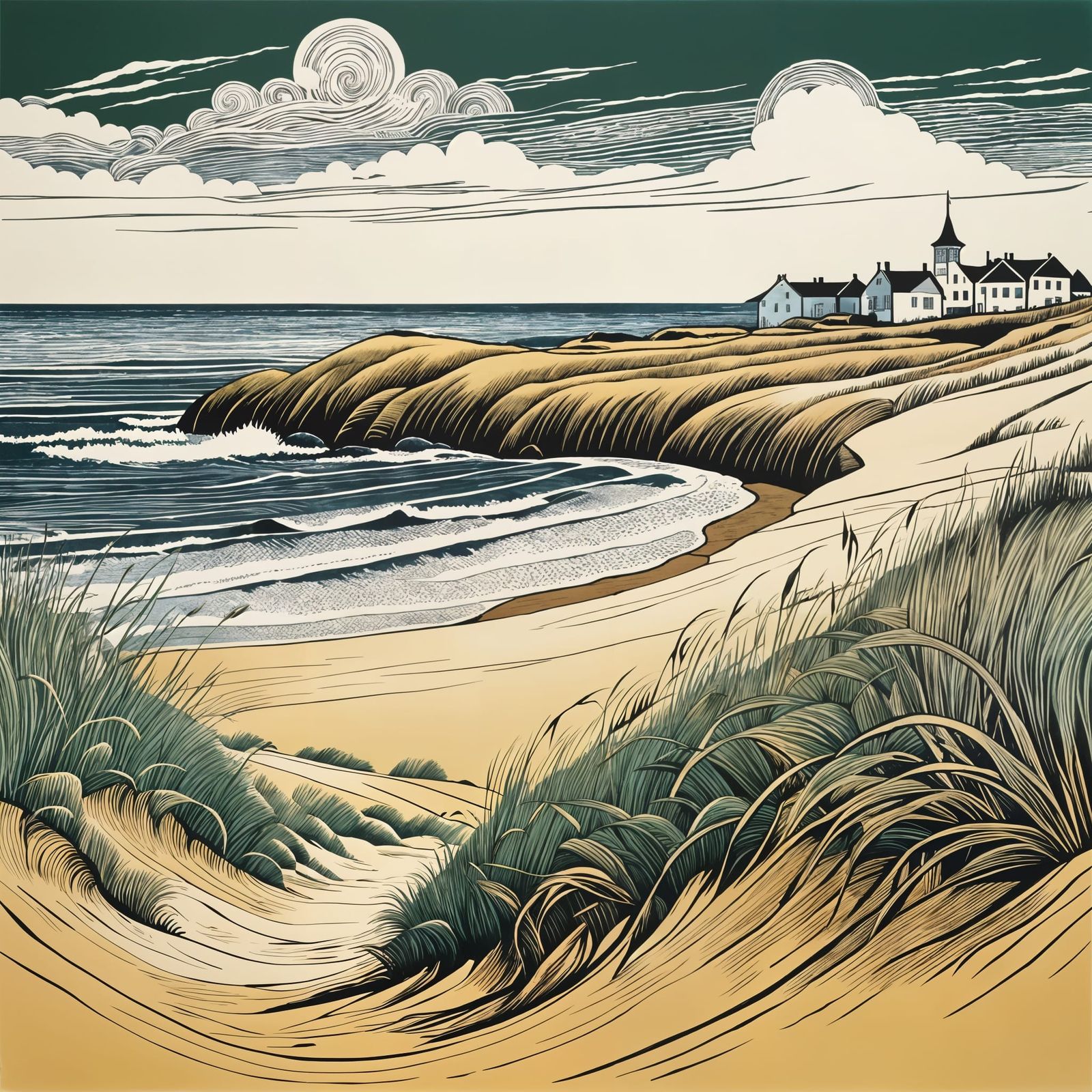 Coastal Village in Warm Hand-Colored Linoprint