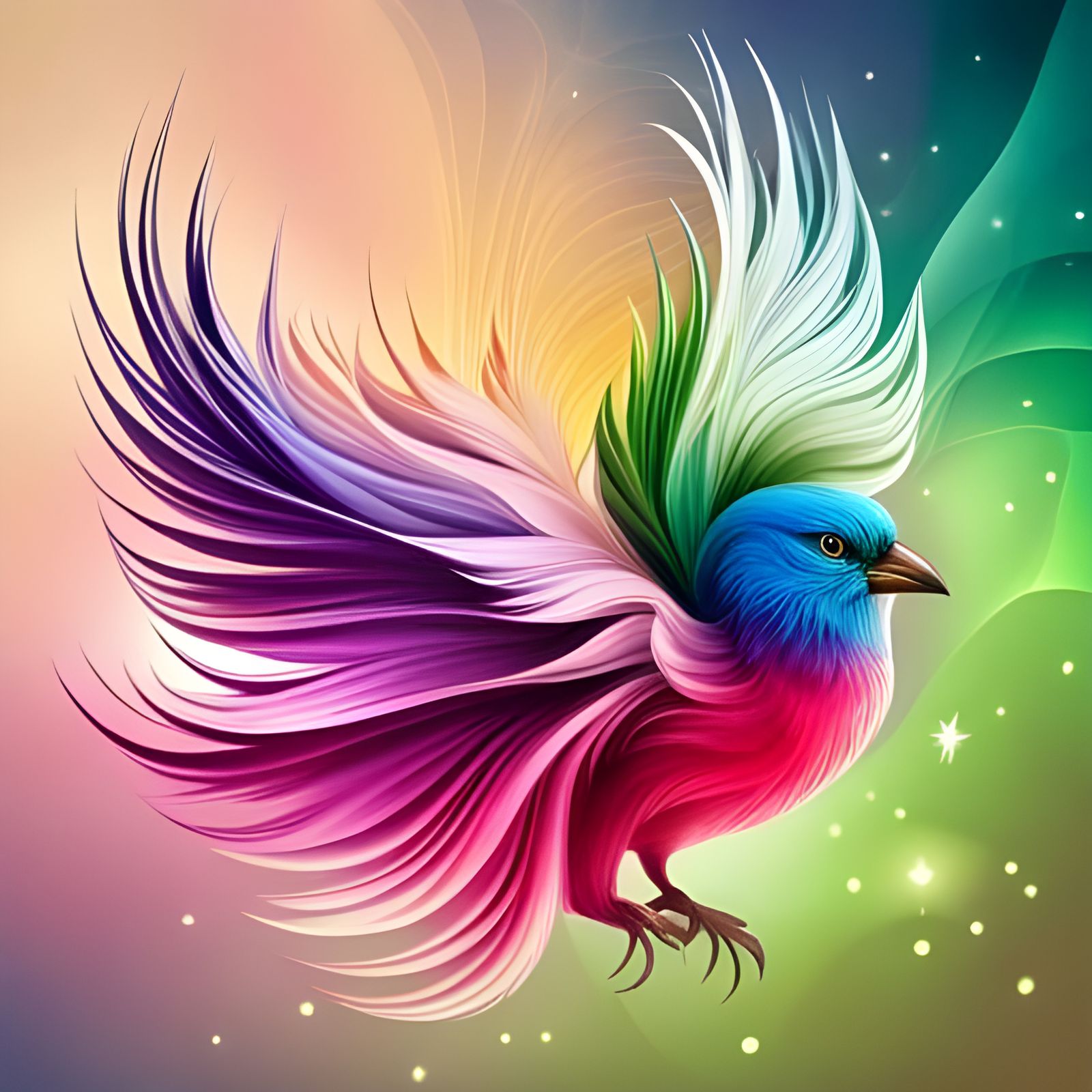 beautiful sparrow with big diamond eyes and a long feathered tail, surrounded by a circle of blinking stars abstract vec...