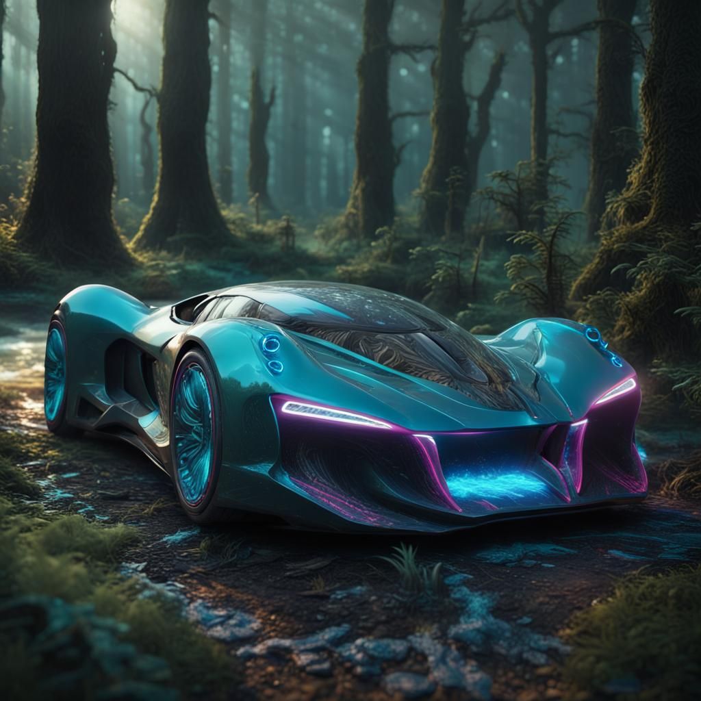 Bioluminescent Mushroom Supercar in Fantasy Forest