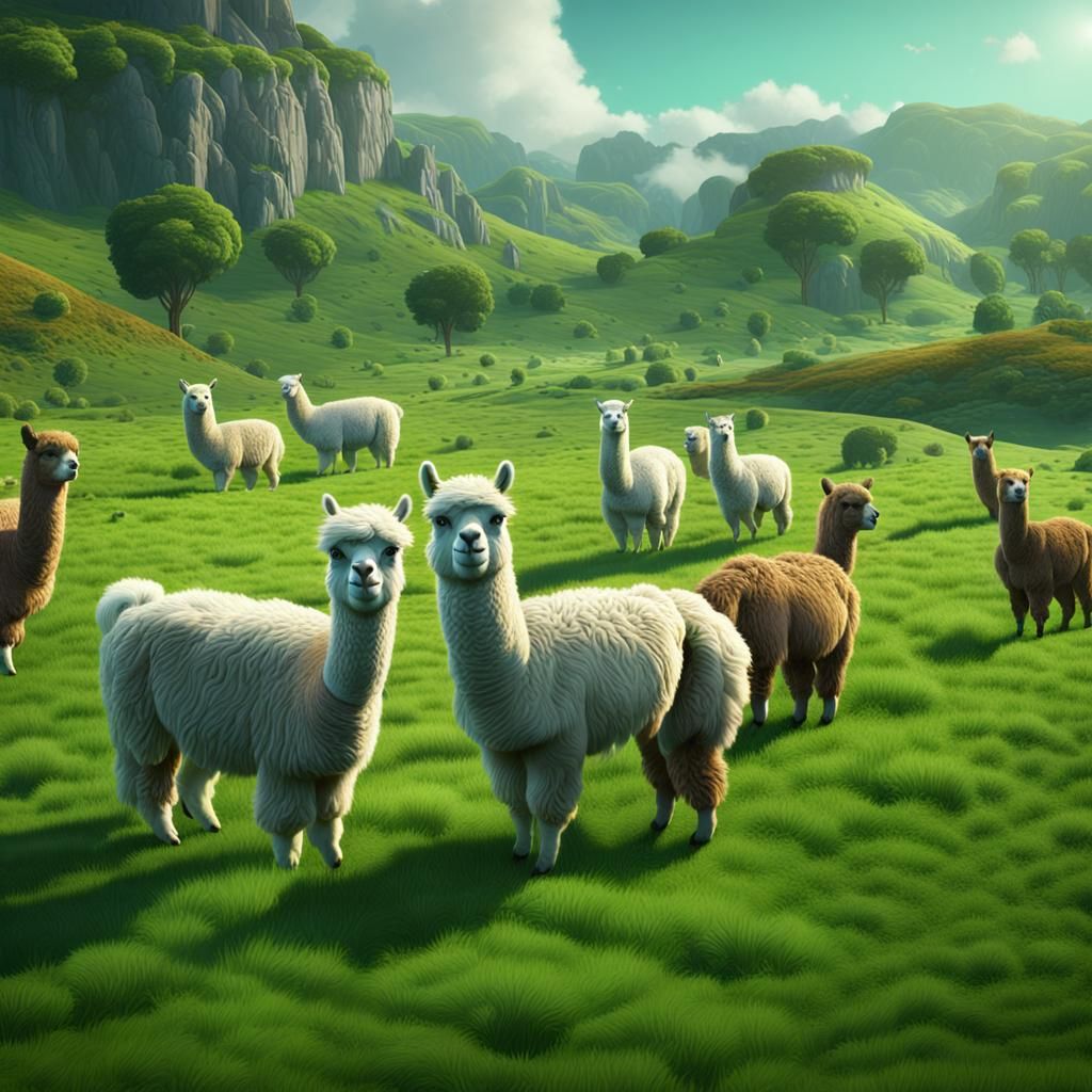 Alpacas in a Green Field: Fantasy Concept Art