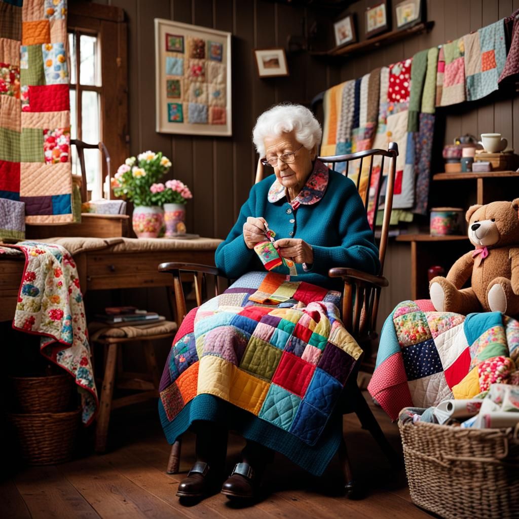 Cozy Cottage Scene: Old Woman Sewing Quilt
