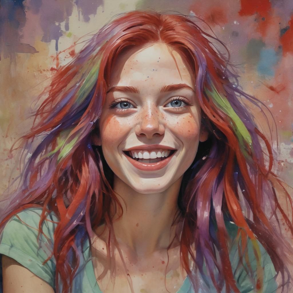 Colorful Portrait of a Smiling Woman in Gouache Style