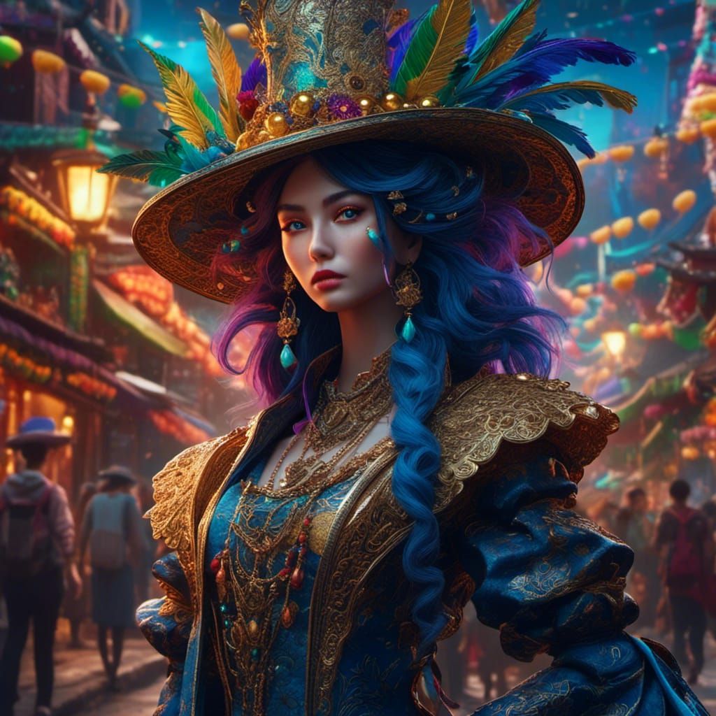 Vibrant Mardi Gras Woman in Mixed Media Style