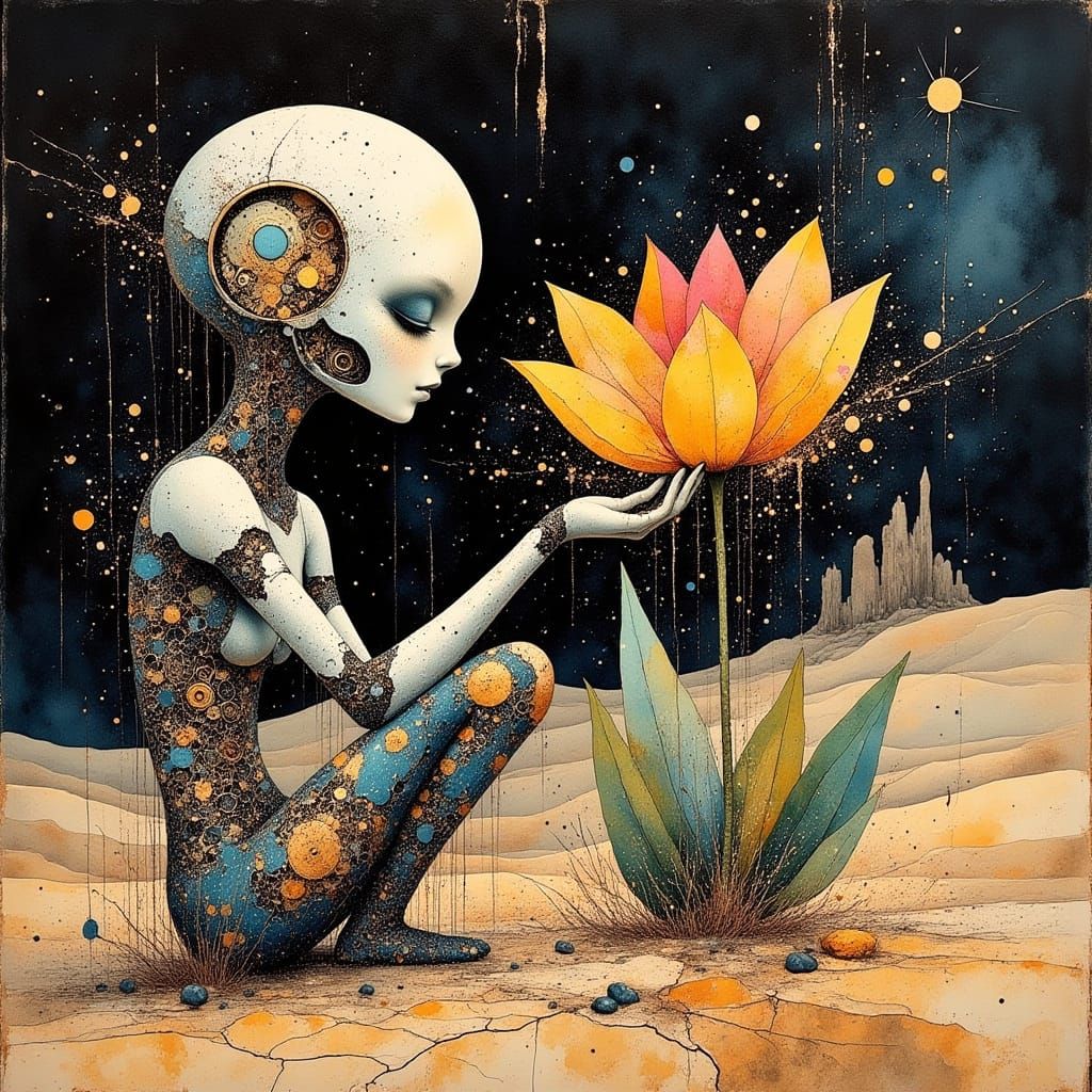 Robot Waters Desert Flower in Surreal Action Painting Style