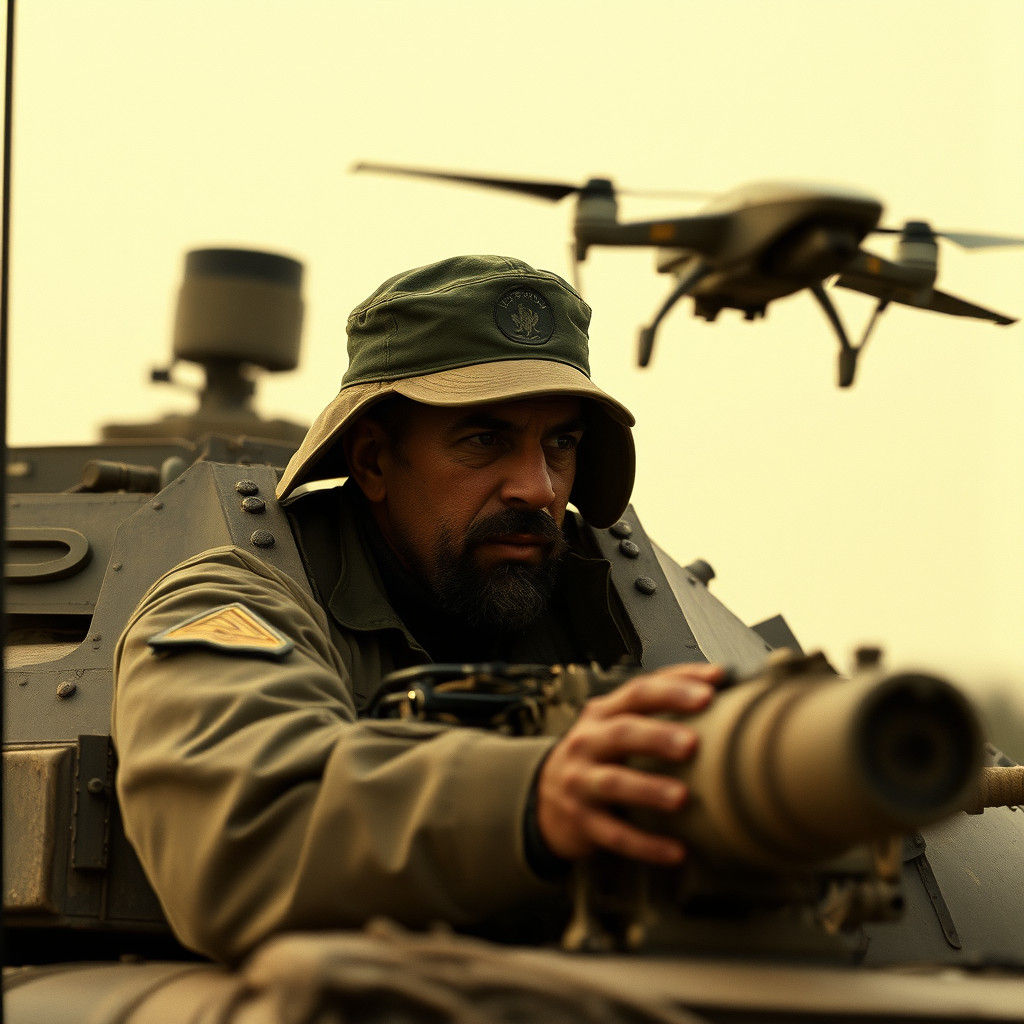 Sepia Portrait of Soldier in AbramsX Tank