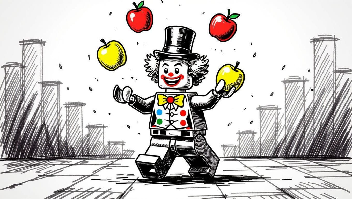 Vibrant Pen and Ink Sketch of Juggling Lego Clown
