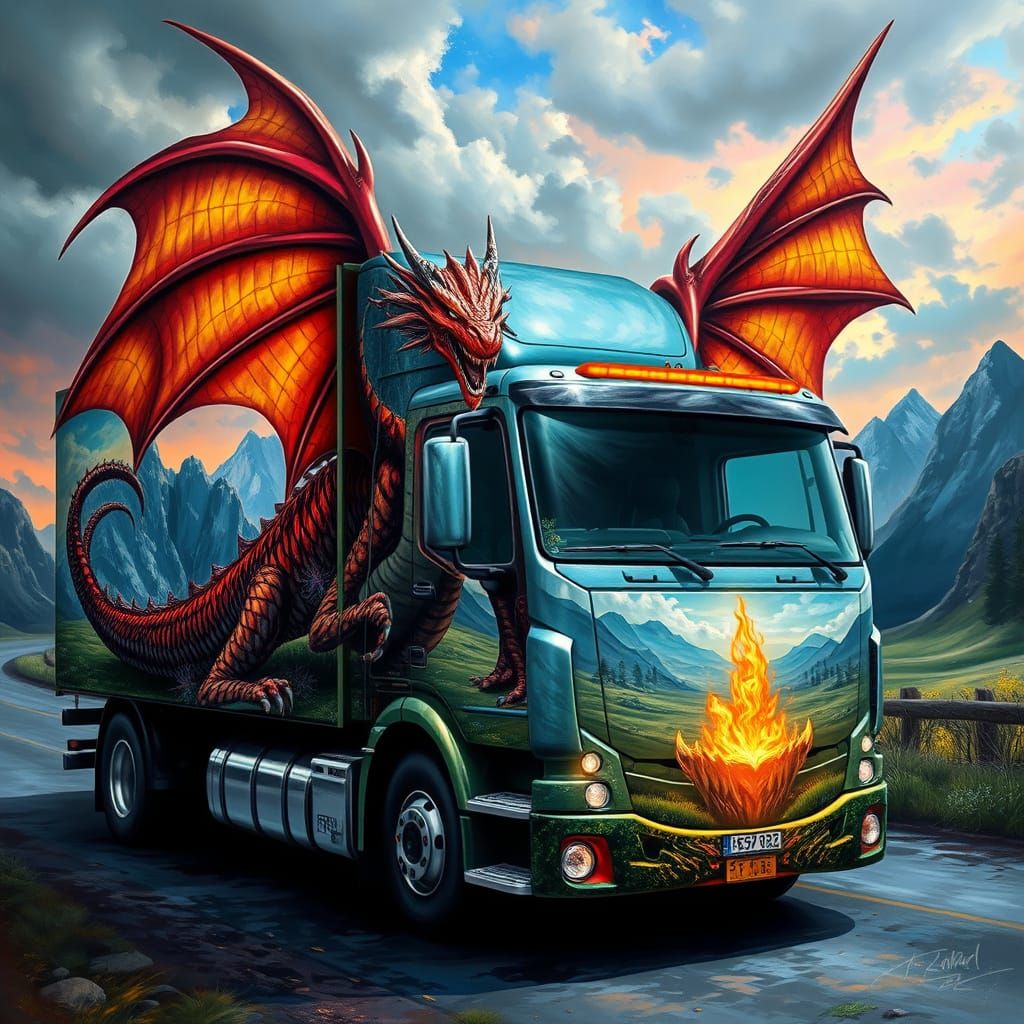 Airbrush art, a lorry painted with a dragon in a fantasy lan...