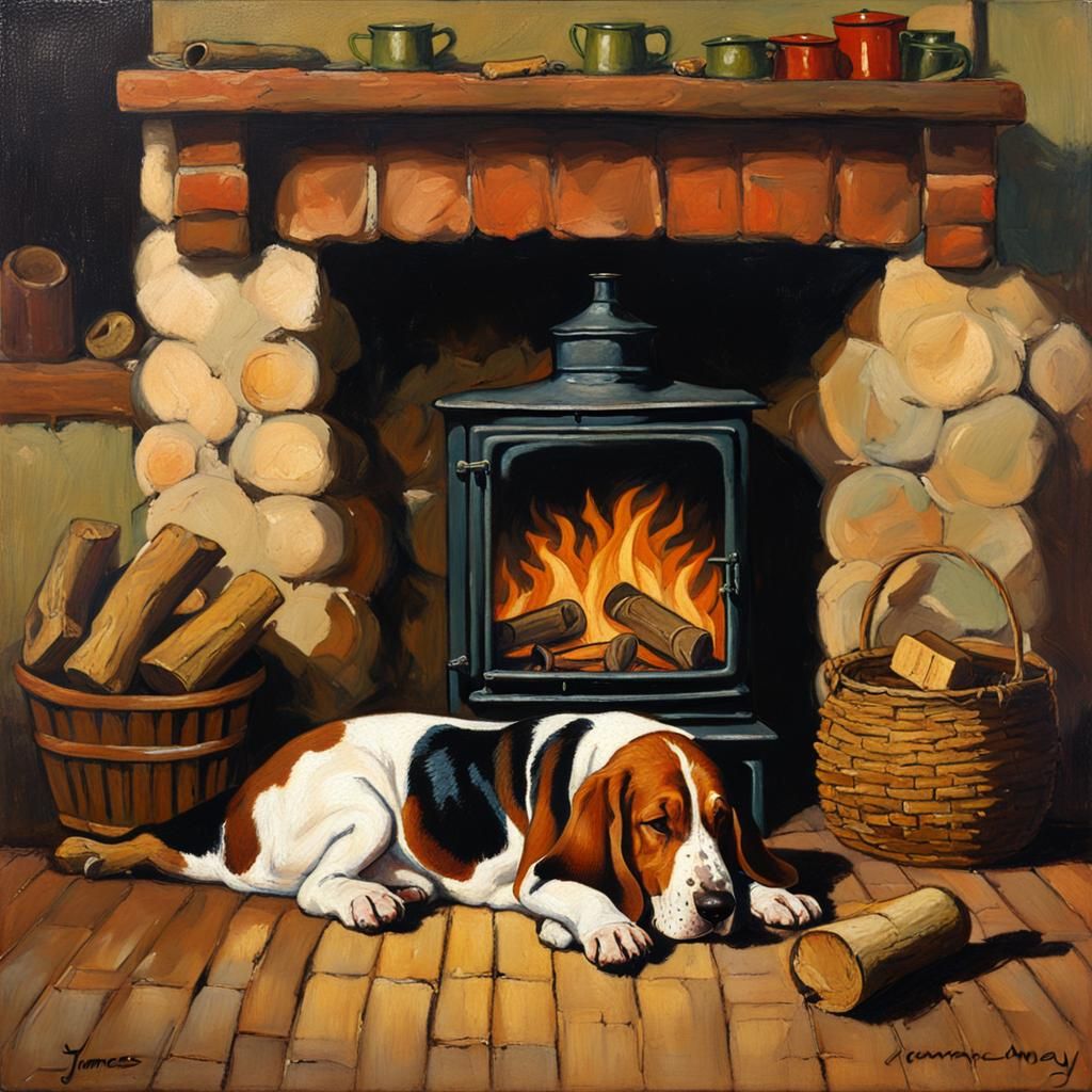 Basset Hound Asleep in Cosy Cottage, Oil Painting