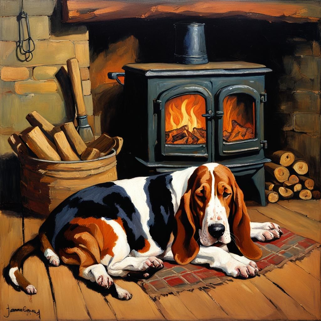 Basset Hound Snuggled by Stove, Oil Painting