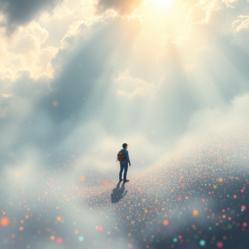 Whimsical Neo-Impressionist Wanderer in a Sea of Colorful Do...