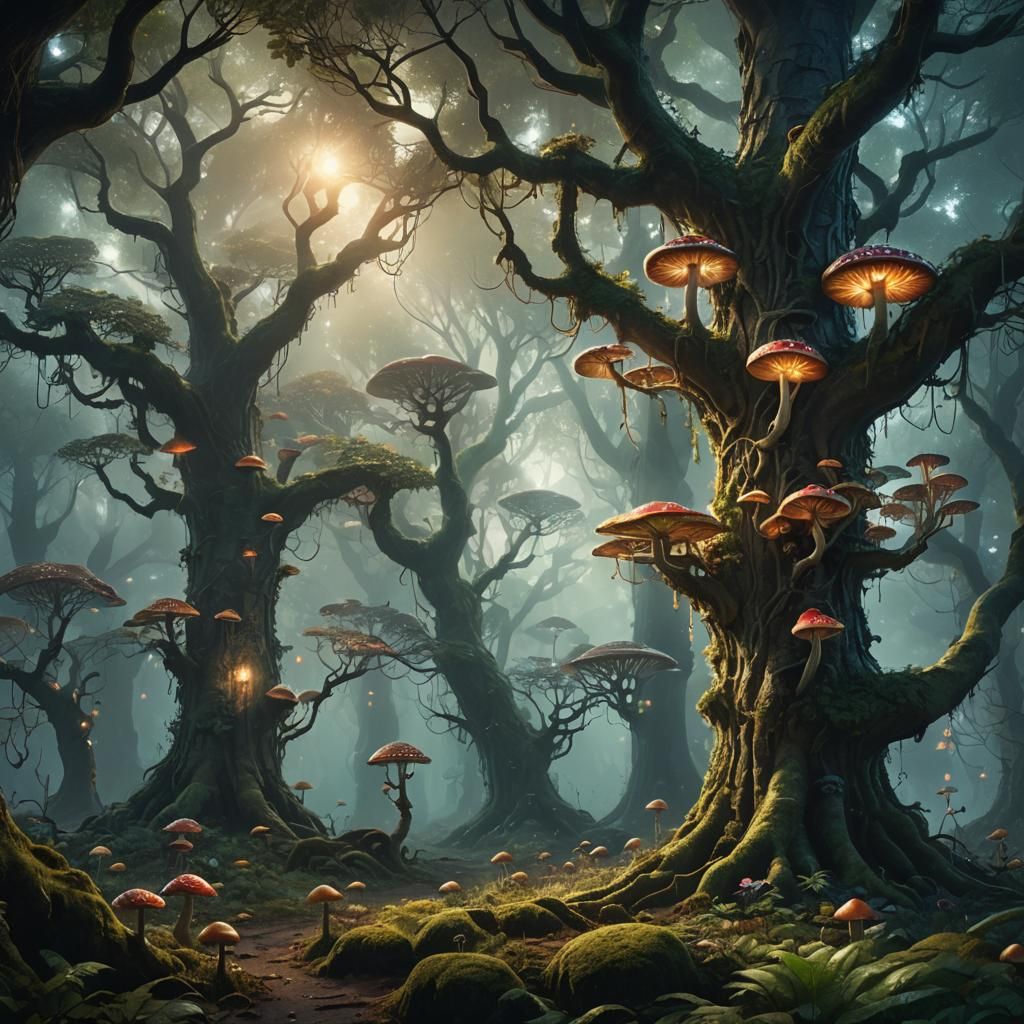 Mystical Forest with Glowing Mushrooms: Matte Painting