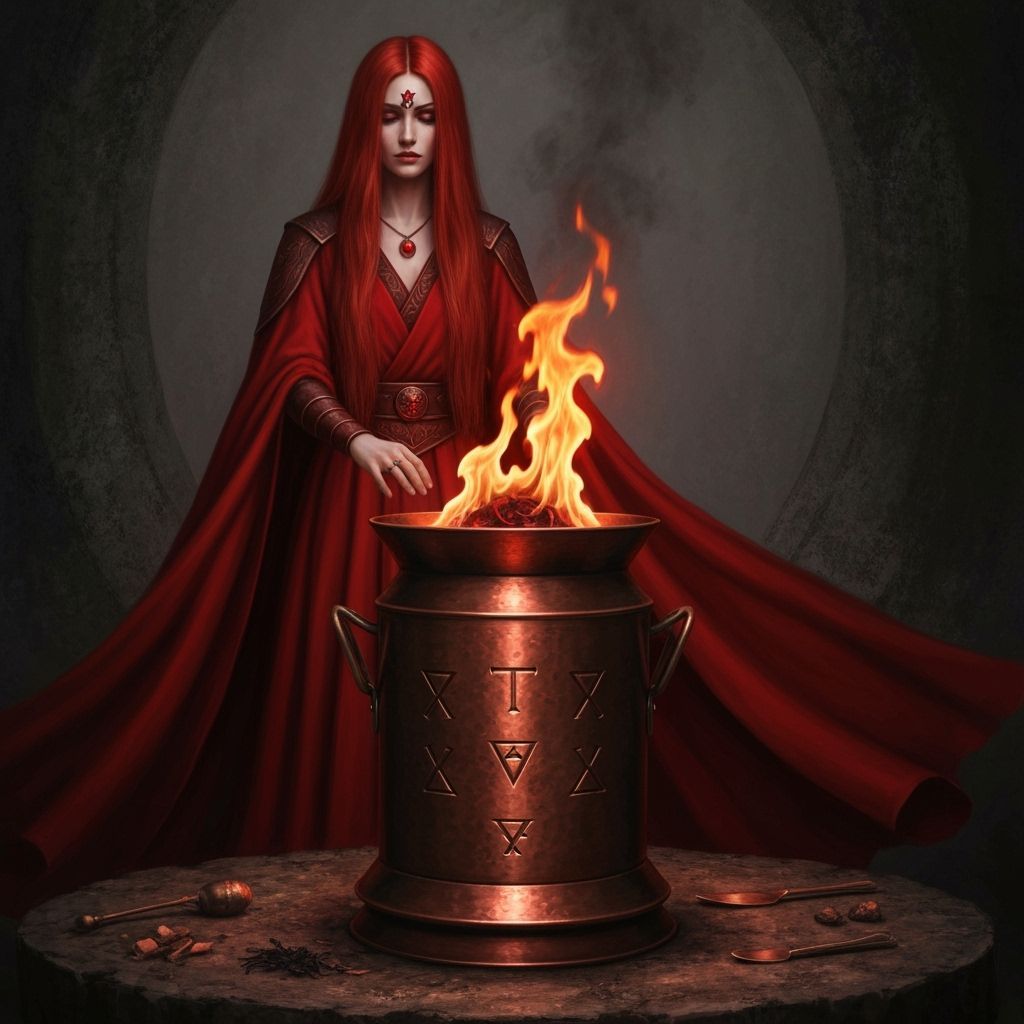 A Red Priestess Beside a Blazing Fire