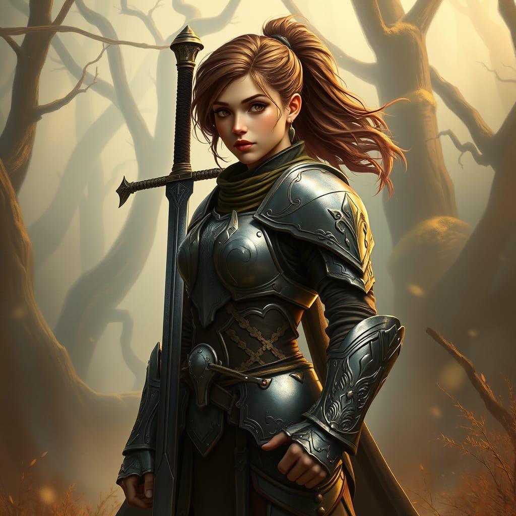 Futuristic Female Warrior Stands Ready in Ancient Forest