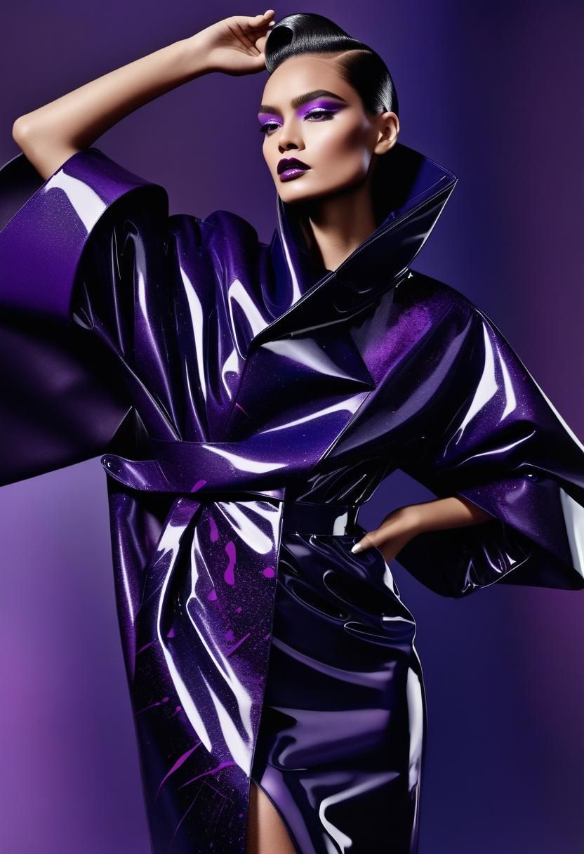 Woman in Glossy Coat-Dress Posing Thoughtfully