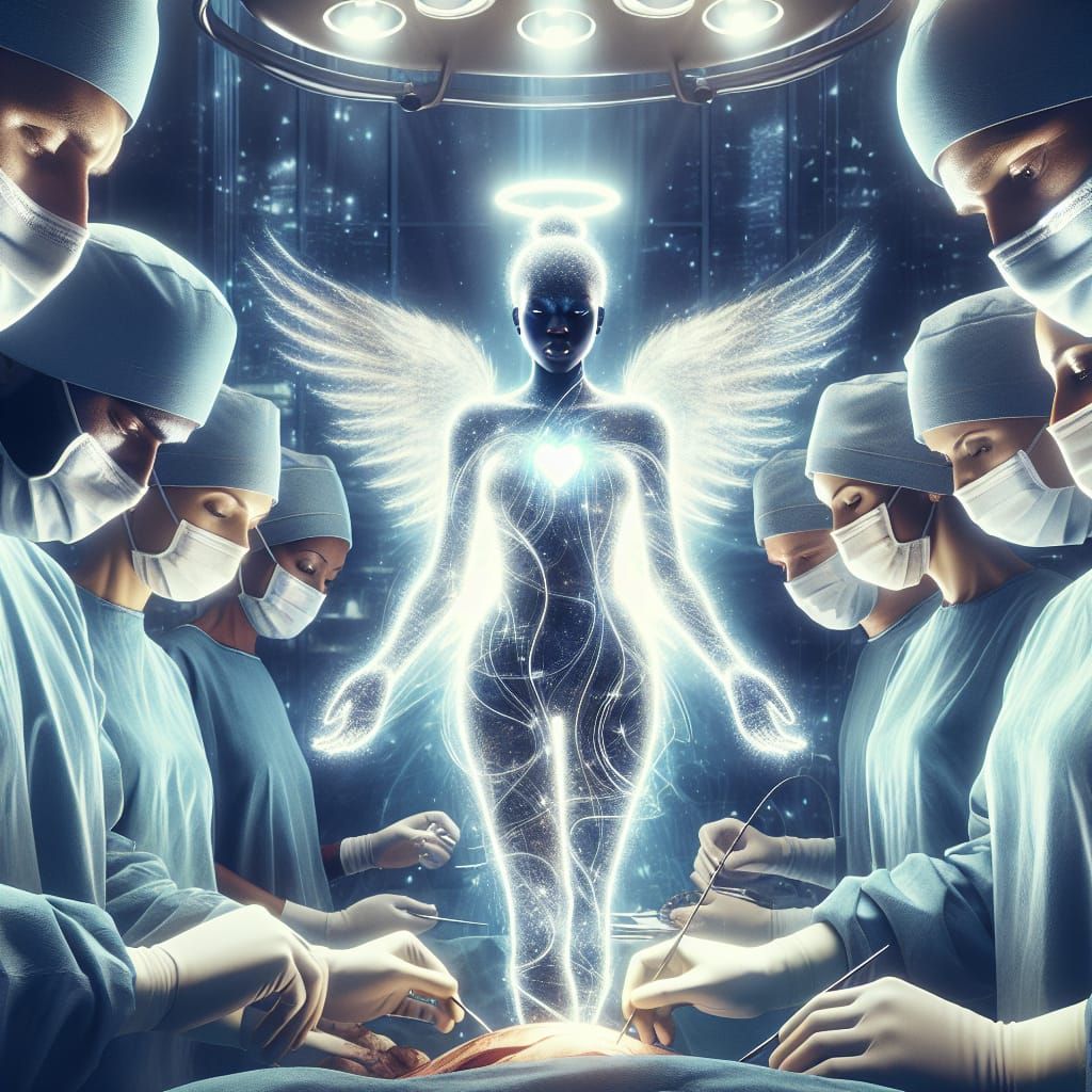 Diverse Surgeons in Dramatic Medical Scene with Angelic Lead