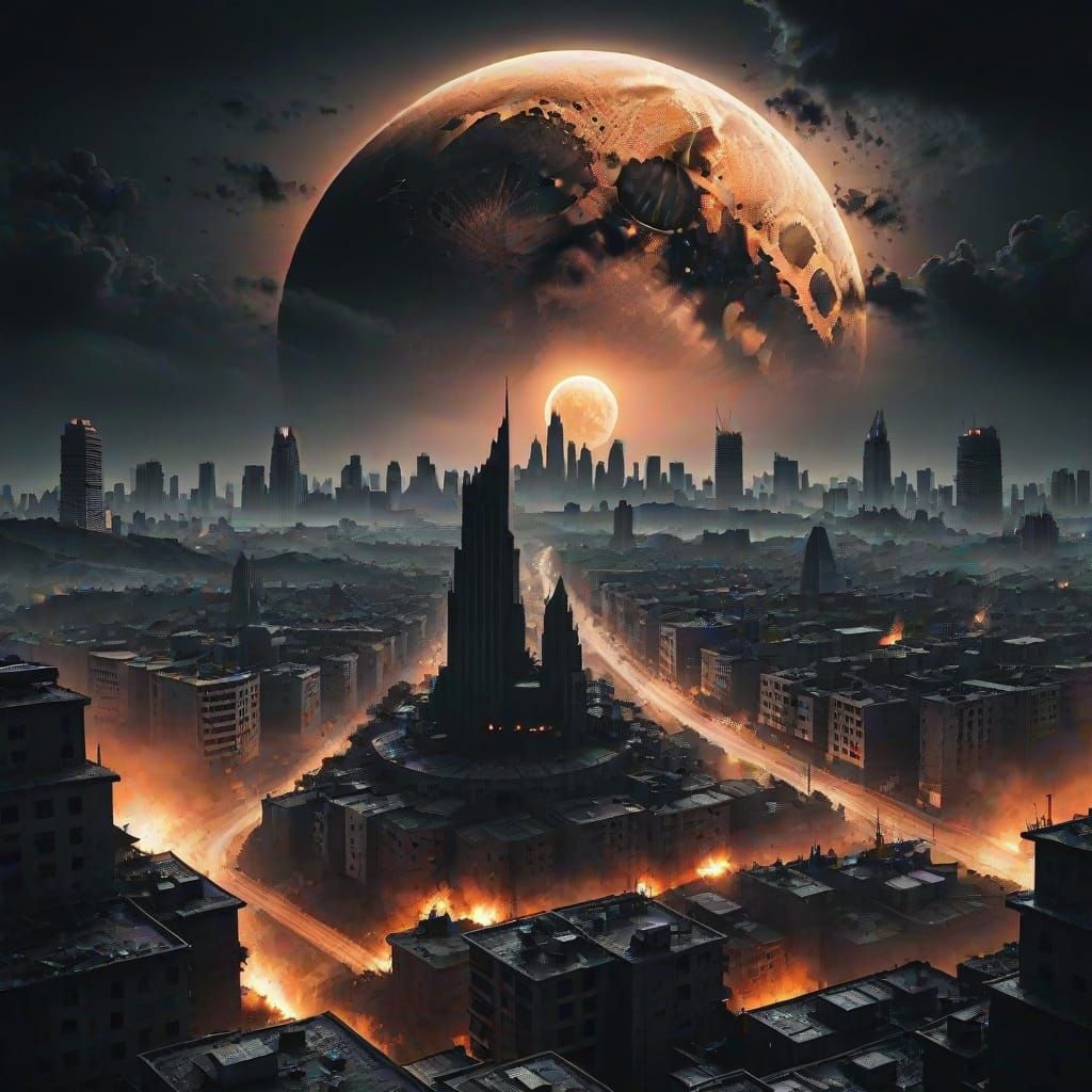 Black Moon Rises Over Apocalyptic Cityscape